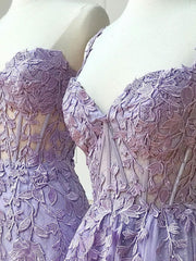 Purple Sweetheart Neck Lace Long Corset Prom Dresses, Purple Lace Graduation Dress outfits, Party Dresses Casual