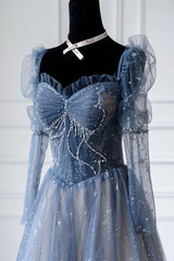Blue Sparkly Tulle Corset Prom Dress with Long Sleeves, New Style Long Dress with Beading outfit, Sun Dress