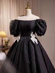 Elegant Black A-Line Off Shoulder Corset Prom Dress with Beads outfit, Prom Dresses 2027