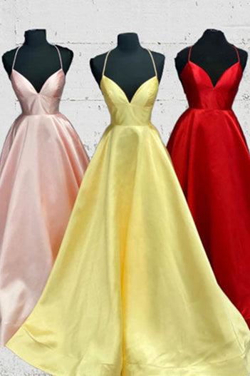 Elegant Yellow Satin Long Corset Prom Dress with Cross Back Gowns, Party Outfit Night