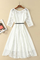 Elegant White Half Sleeve Lace Round Neck Corset Homecoming Dresses, Belt Ankle Knee Corset Prom Dress, H1127 outfit, Homecoming Dress Stores