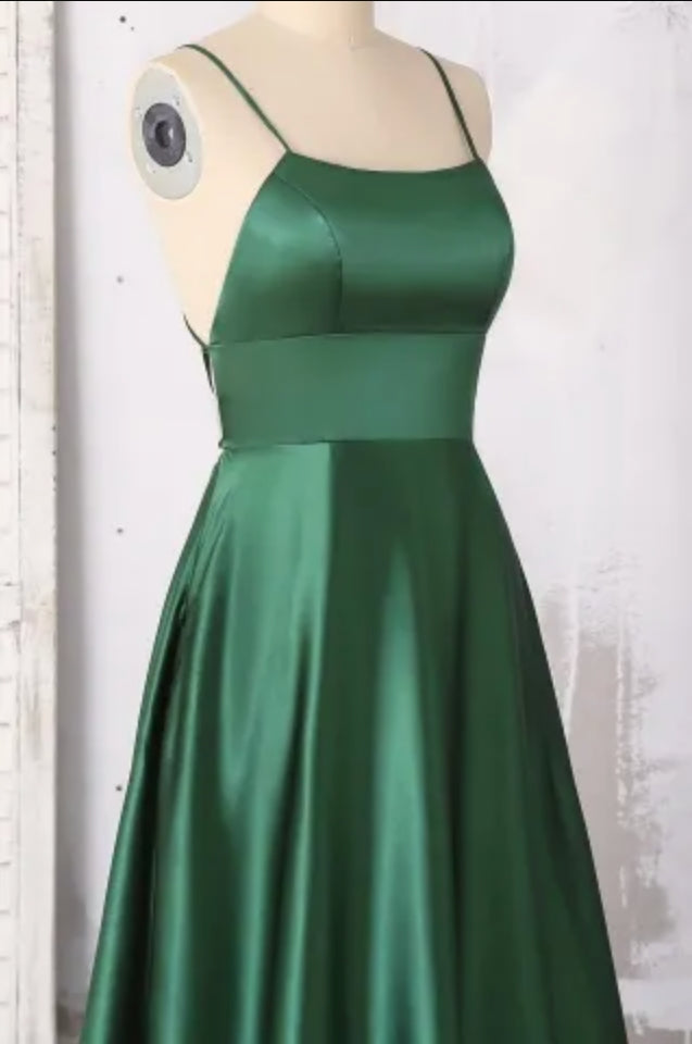 Emerald Green Corset Prom Dresses, Strappy Back Slit Simple Satin Corset Prom Dress outfits, Emerald Green Prom Dresses