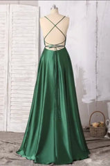 Emerald Green Corset Prom Dresses, Strappy Back Slit Simple Satin Corset Prom Dress outfits, Emerald Green Prom Dresses