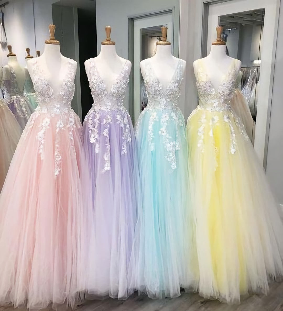 F0187 Floor Length Tulle V Neck Corset Prom Dresses With Appliques Gowns, Formal Dressing For Wedding