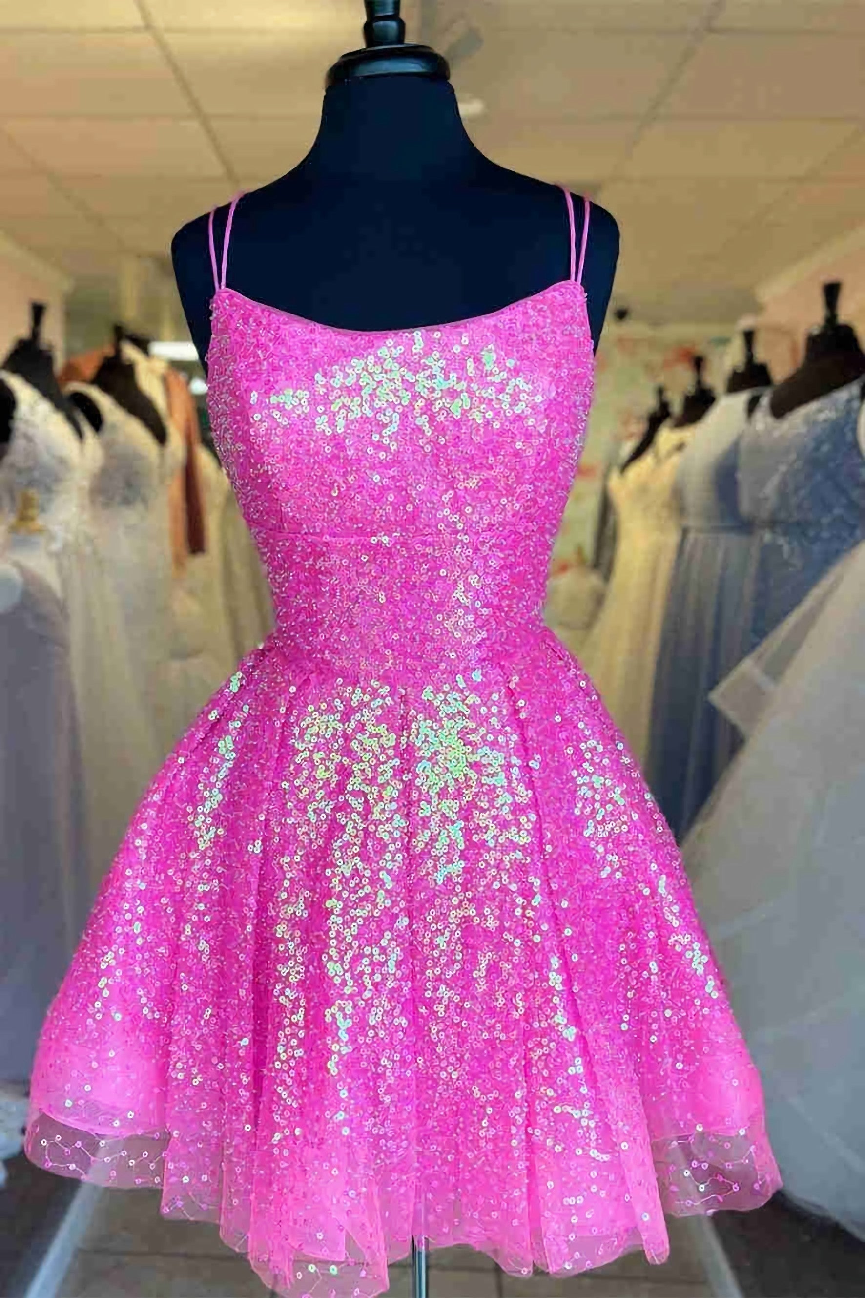 Cute Hot Pink Sequins A-Line Corset Homecoming Dress Hoco Night Dresses outfit, Party Dresses Europe