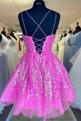 Cute Hot Pink Sequins A-Line Corset Homecoming Dress Hoco Night Dresses outfit, Party Dresses Cocktail