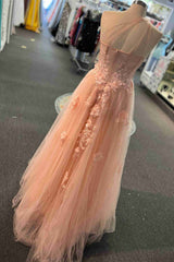 Sweetheart One Shoulder Pink Corset Prom Dress with Flowers outfit, Wedding Pictures Ideas