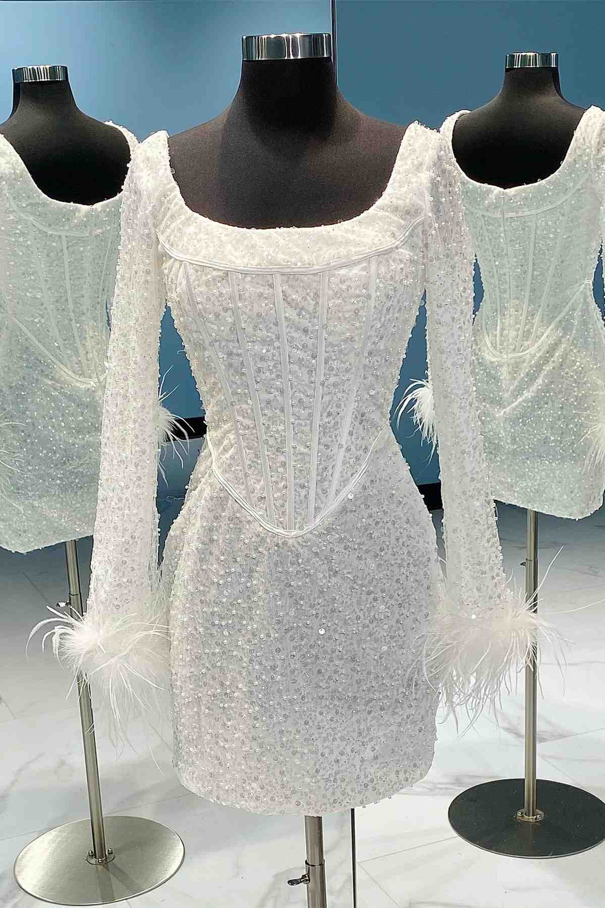 White Sequins Tight Corset Homecoming Dress with Long Sleeves Gowns, Summer Wedding Color