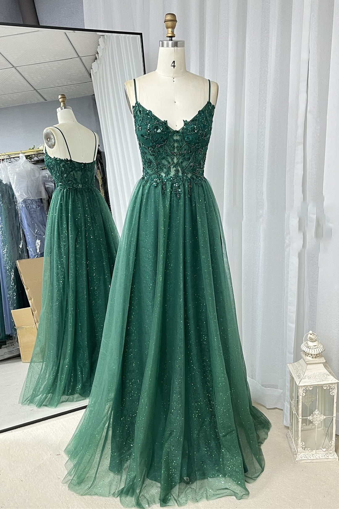 Hunter Green A-line Beaded Applique Straps Tulle Long Corset Prom Dress outfits, Bridesmaid Dresses Dark