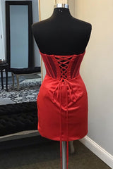 Strapless Pleated Red Satin Corset Homecoming Dress outfit, Non Traditional Wedding Dress