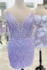 Plunging Neck Lavender Embroidery Bodycon Corset Homecoming Dress outfit, Party Dresses Short