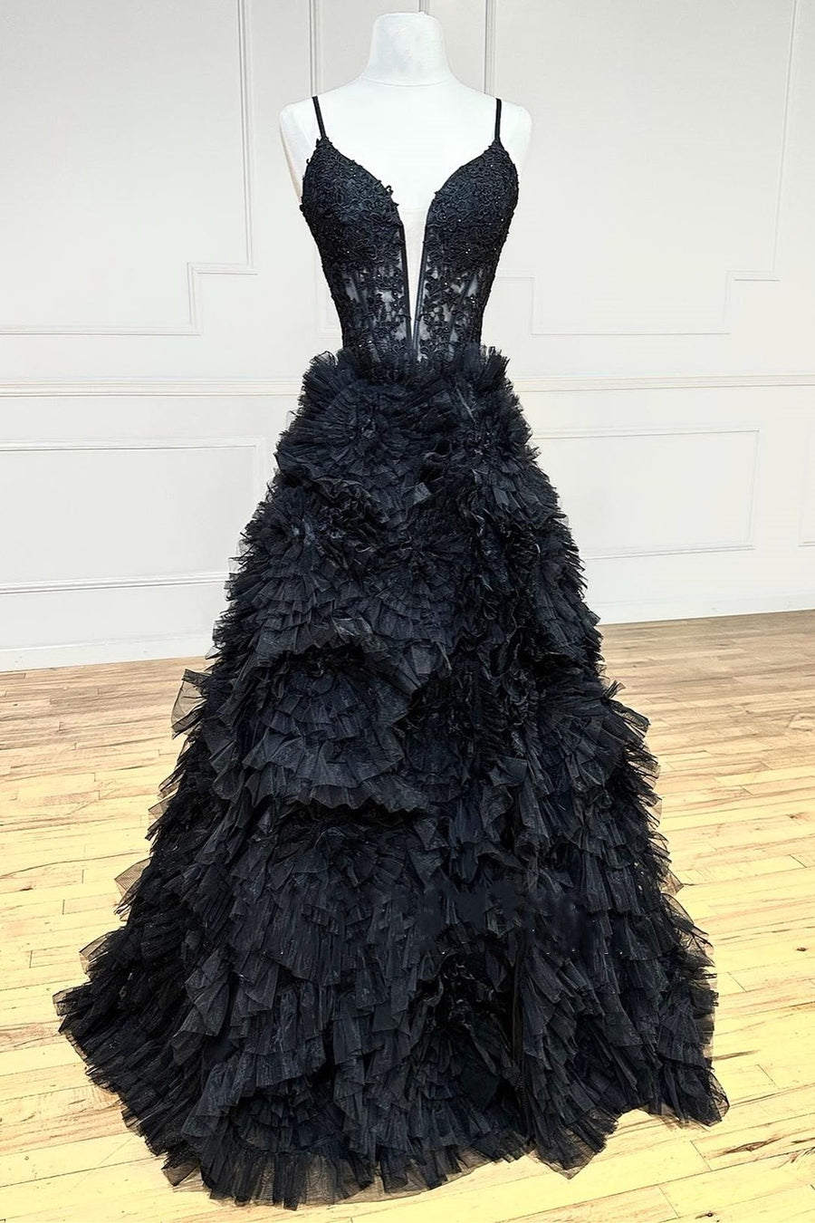 Gorgeous Black Straps Ruffled Long Corset Prom Dress with Appliques Gowns, Spring Wedding