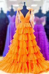 Bow Straps Orange V-Neck Ruffled Tulle Long Corset Prom Dress with Slit Gowns, Garden Wedding