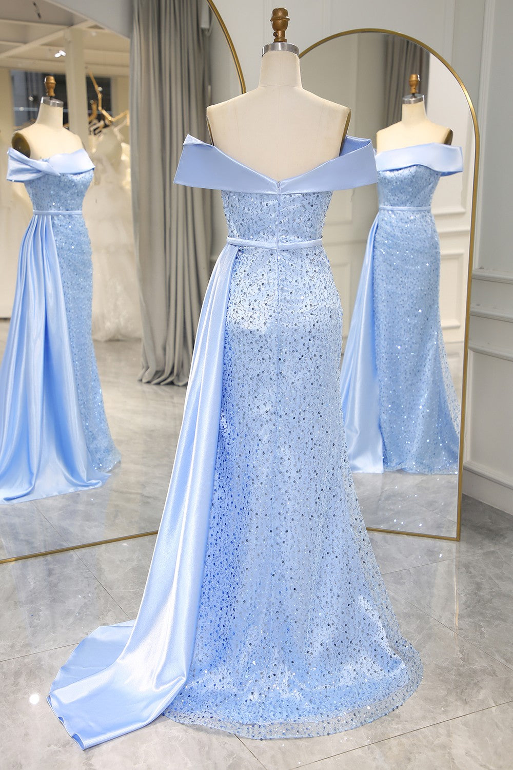 Glitter Blue Off The Shoulder Mermaid Long Corset Prom Dress with Split outfit, Dinner Dress