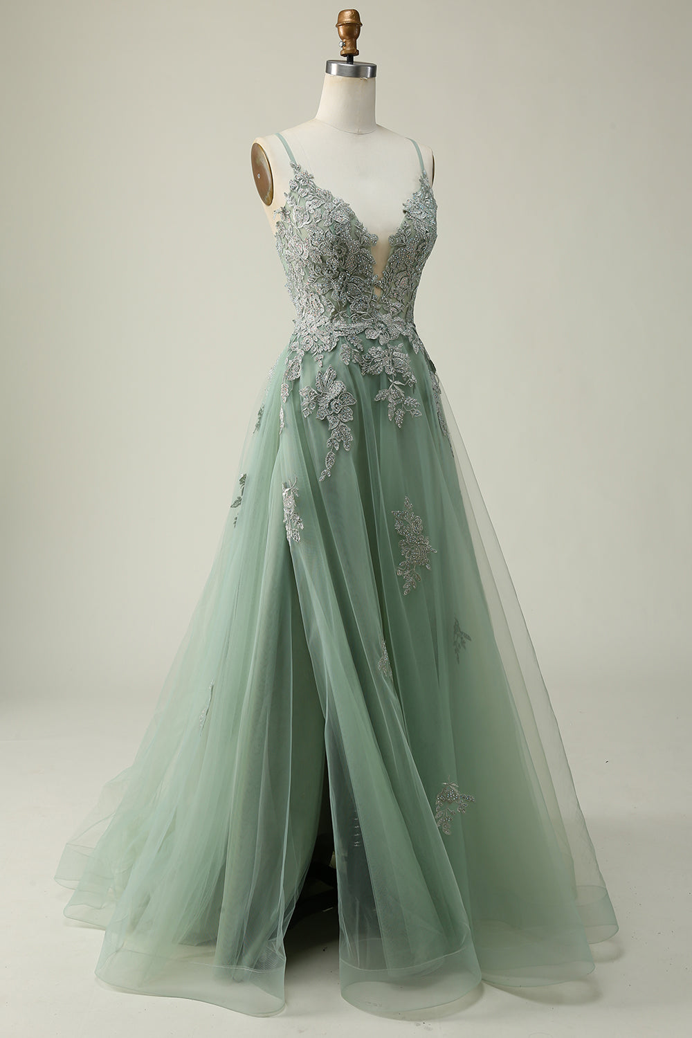 A Line Spaghetti Straps Green Long Corset Prom Dress with Criss Cross Back Gowns, Prom Dresses Stores