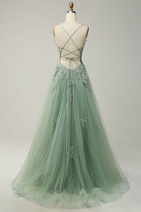 A Line Spaghetti Straps Green Long Corset Prom Dress with Criss Cross Back Gowns, Prom Dress Store
