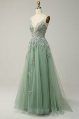 A Line Spaghetti Straps Green Long Corset Prom Dress with Criss Cross Back Gowns, Prom Dress Stores