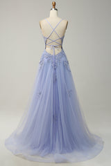 Spaghetti Straps A Line Light Purple Long Corset Prom Dress with Criss Cross Back Gowns, Prom Dress Purple