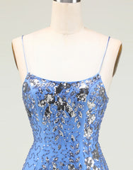 Glitter Blue Spaghetti Straps Beaded Sequins Short Tight Corset Homecoming Dress outfit, Plu Size Prom Dress