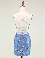 Glitter Blue Spaghetti Straps Beaded Sequins Short Tight Corset Homecoming Dress outfit, Dance Dress