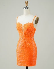 Glitter Orange Spaghetti Straps Orange Tight Sequined Corset Homecoming Dress outfit, Stunning Dress