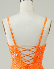 Glitter Orange Spaghetti Straps Orange Tight Sequined Corset Homecoming Dress outfit, Princess Prom Dress