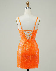 Glitter Orange Spaghetti Straps Orange Tight Sequined Corset Homecoming Dress outfit, Prom Dress Sleeve