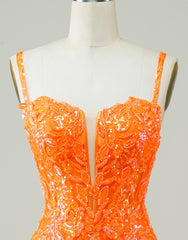 Glitter Orange Spaghetti Straps Orange Tight Sequined Corset Homecoming Dress outfit, Pleated Dress