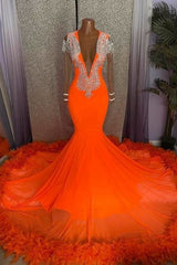 Gorgeous Orange Long Mermaid Tassel V-neck Corset Prom Dress with Sleeves Gowns, Party Dresses Short Clubwear