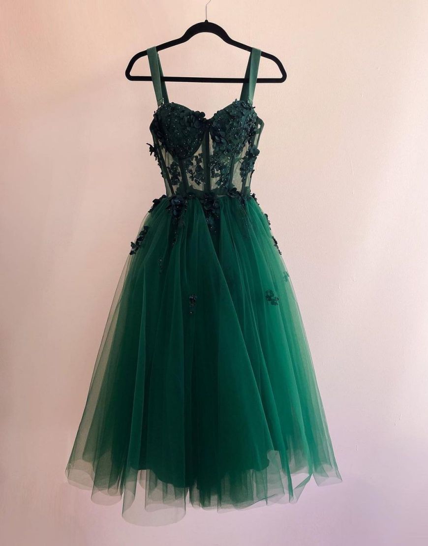 Green Knee Length Straps Tulle Corset Homecoming Dress With Appliques Gowns, Evening Dress Princess