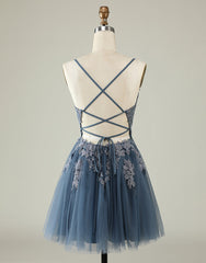 Grey Blue Corset Back Tulle Corset Homecoming Dress With Appliques Gowns, Evening Dresses Petite