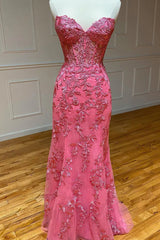 Coral Sweetheart Lace-Up Long Mermaid Corset Prom Dress with Appliques Gowns, Bridesmaid Dress Mauve