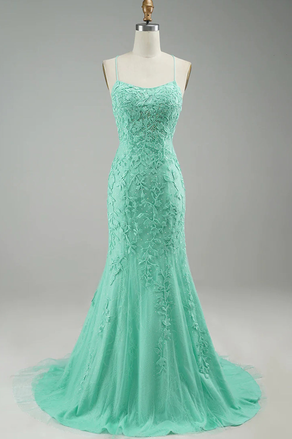 Mint Spaghetti Straps Appliques Mermaid Long Corset Prom Dress outfits, Prom Dresses 2043