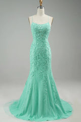 Mint Spaghetti Straps Appliques Mermaid Long Corset Prom Dress outfits, Prom Dresses 2043