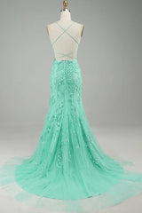 Mint Spaghetti Straps Appliques Mermaid Long Corset Prom Dress outfits, Prom Dresses Ideas