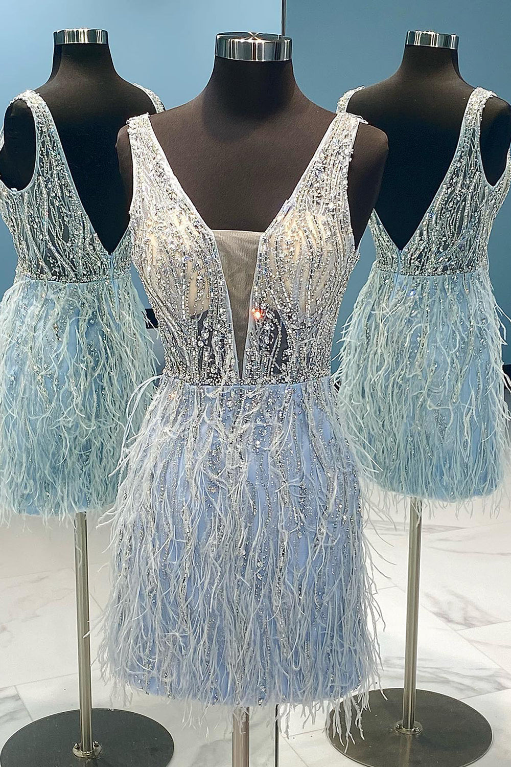 Light Blue Beaded Sequins Tight Corset Homecoming Dress with Feathers outfit, Prom Dress Long