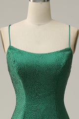 Mermaid Spaghettti Straps Dark Green Sequins Long Corset Prom Dress with Split Front Gowns, Party Dress Classy