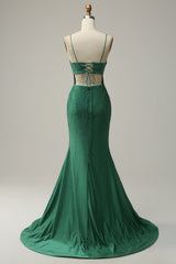 Mermaid Spaghettti Straps Dark Green Sequins Long Corset Prom Dress with Split Front Gowns, Party Dresses Shorts