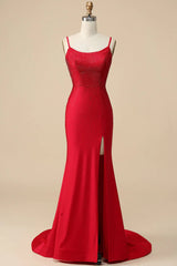 Mermaid Spaghettti Straps Red Sequins Long Corset Prom Dress with Split Front Gowns, Wedding Theme