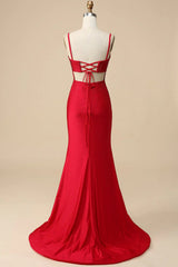 Mermaid Spaghettti Straps Red Sequins Long Corset Prom Dress with Split Front Gowns, Wedding Flower