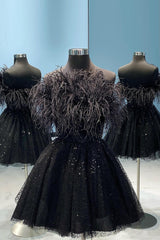 Black A-Line Strapless Corset Homecoming Dress with Feathers outfit, Homecoming Dress Under 72