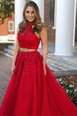 Halter Two Piece Tulle Red Long Corset Prom Dress With Beaded Appliques Gowns, Prom Dress Inspiration