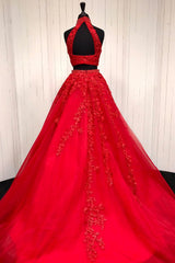 Halter Two Piece Tulle Red Long Corset Prom Dress With Beaded Appliques Gowns, Party Dress Black And Gold