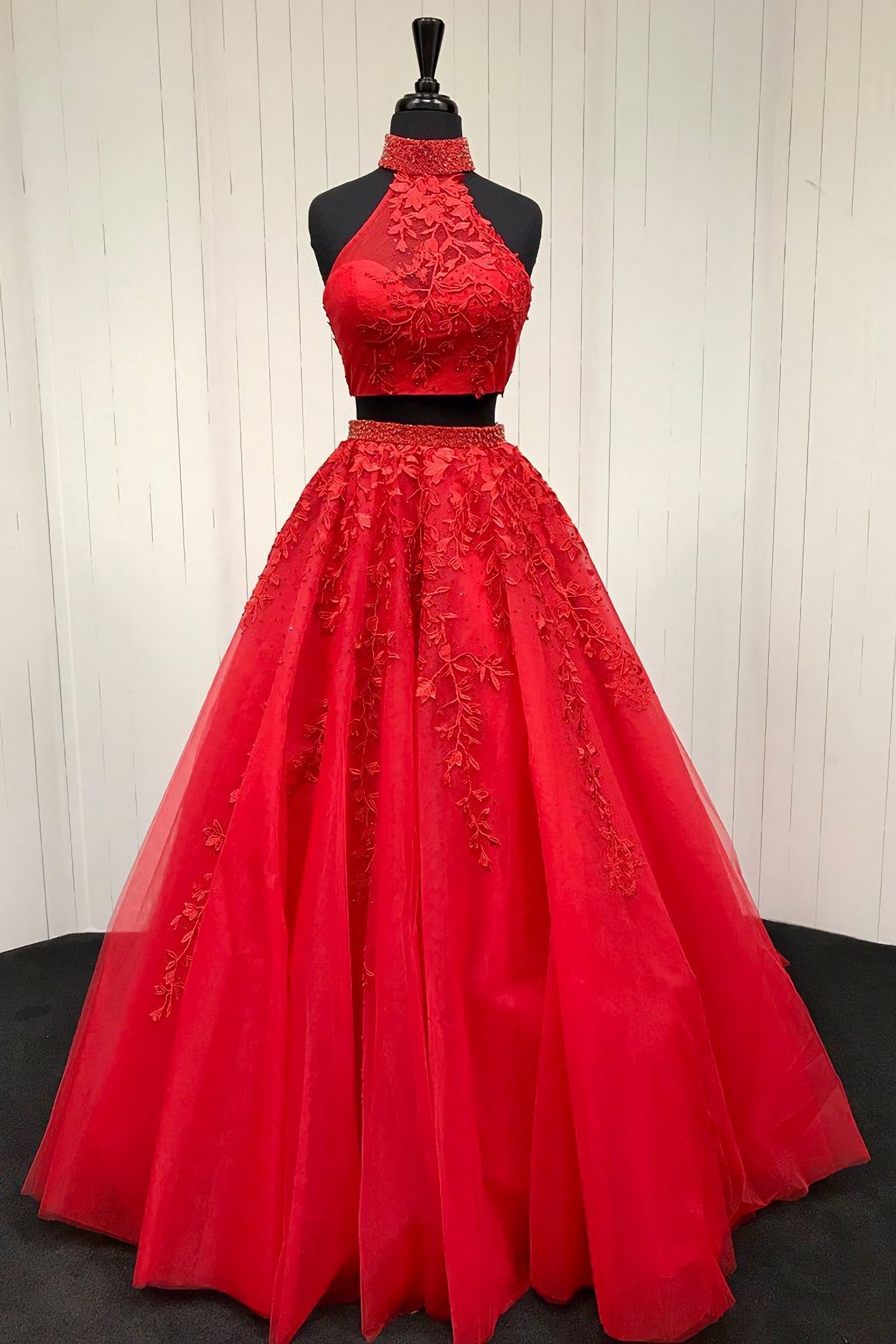 Halter Two Piece Tulle Red Long Corset Prom Dress With Beaded Appliques Gowns, Party Dresses Black And Gold