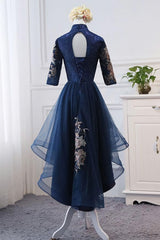 High Neck High Low Dark Navy Half Sleeve Tulle Corset Homecoming Dresses With Appliques H1036 Gowns, Homecomming Dresses Cute