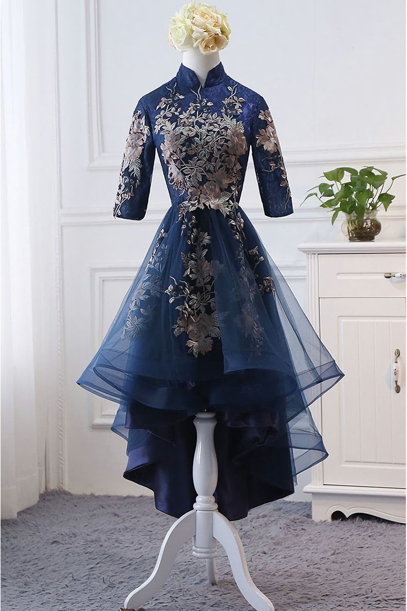 High Neck High Low Dark Navy Half Sleeve Tulle Corset Homecoming Dresses With Appliques H1036 Gowns, Homecoming Dresses Under 73
