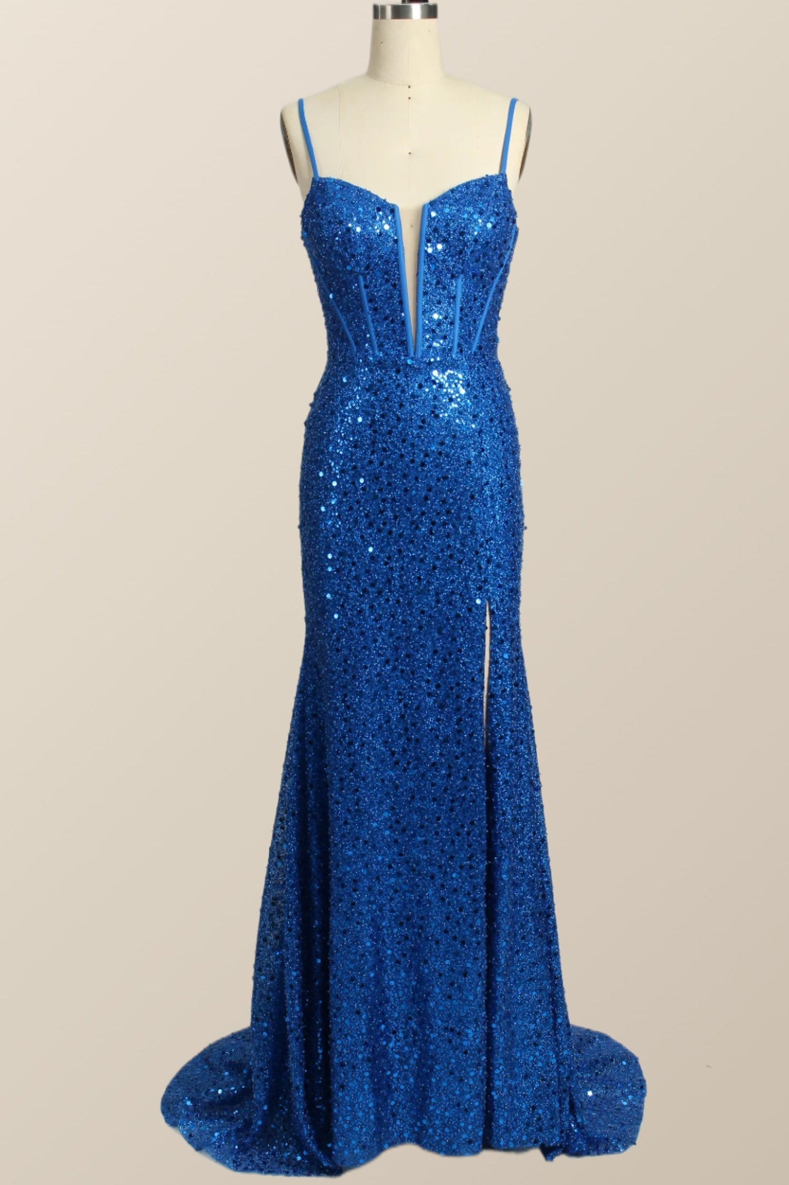 Royal Blue Sequin Mermaid Long Corset Prom Dress outfits, Prom Dresses For Teens Long
