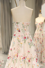 Ivory Flower Tulle Sweetheart Long A-Line Corset Prom Dress with Embroidery Gowns, Evening Dresses Gold