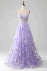 Romantic Purple A Line Spaghetti Straps Long Tulle Corset Prom Dress With Appliques Gowns, Prom Dress For Teens