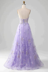 Romantic Purple A Line Spaghetti Straps Long Tulle Corset Prom Dress With Appliques Gowns, Prom Dress V Neck